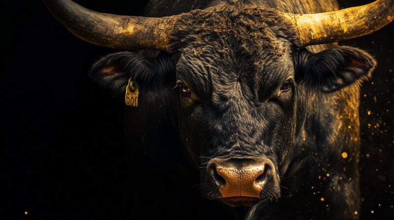 -up of a powerful black bull, its face and horns covered in dirt. The bull is adorned with an ear tag numbered "601" and stands against a dark, almost completely black background.