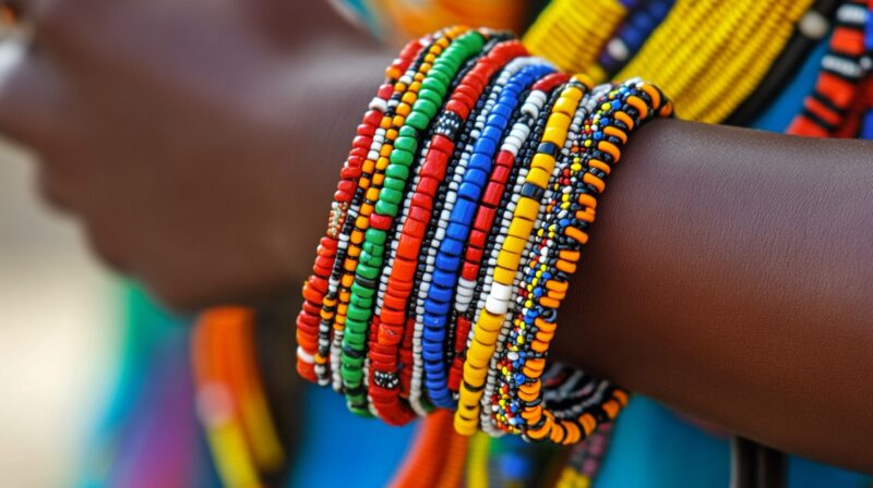 Person's arm adorned with multiple colorful beaded bracelets, showcasing traditional East African craftsmanship and vibrant cultural designs