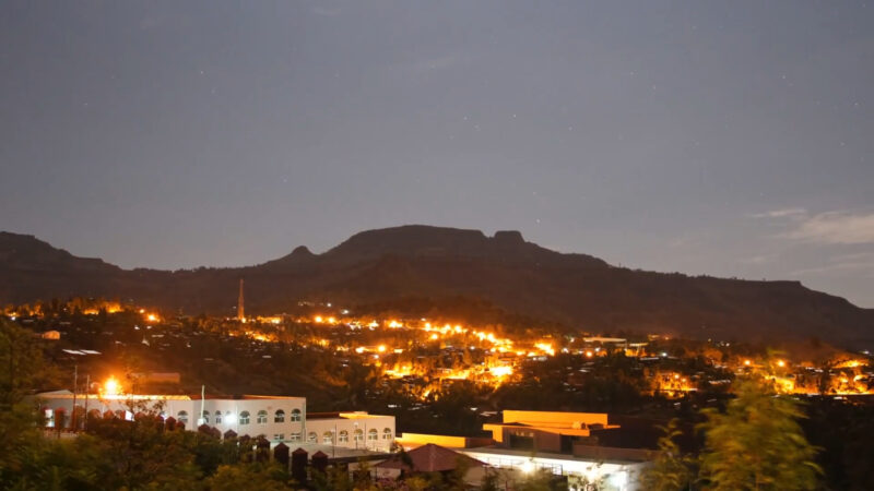 Lalibela, Ethiopia drone view of the city lights and mountains in the background