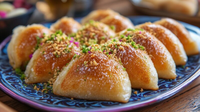 The pastries are golden brown, filled with sweet fillings, and topped with crushed nuts and a sprinkle of vibrant green pistachios and possibly a hint of pink garnish. The Atayef dish is presented on a decorative blue and purple plate