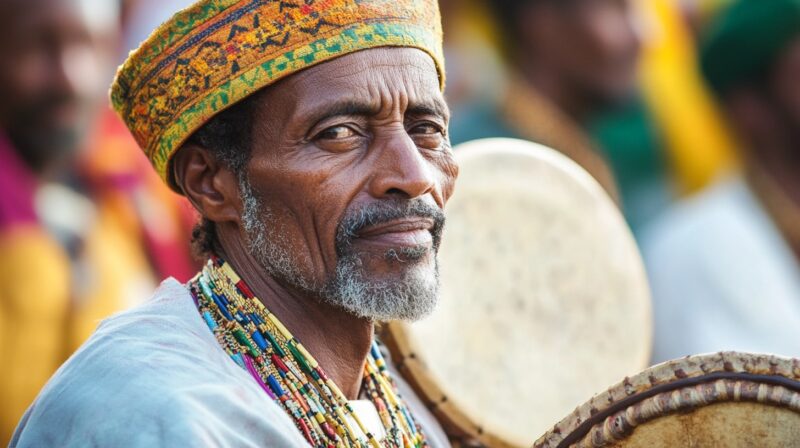 Elder wearing traditional Ethiopian attire, including a colorful woven hat and beaded necklaces, participates in a cultural or spiritual festival, holding a large drum with a contemplative expression.