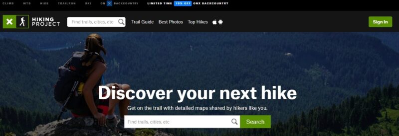 A screenshot of the Hiking Project website, featuring a search bar to find trails, cities, and hiking routes