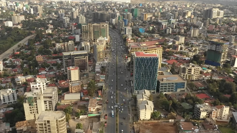 Aerial View of Addis Ababa, Ethiopia's Bustling Capital, Filled with Tall Buildings and Busy Streets